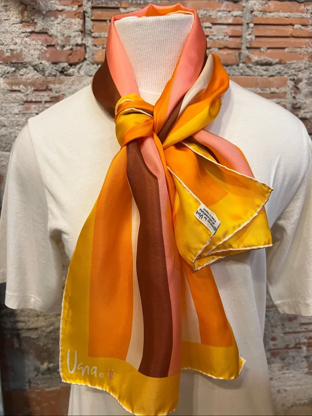 Vintage Vera Neumann silk Oblong Scarf hand rolled mustard orange pink & brown